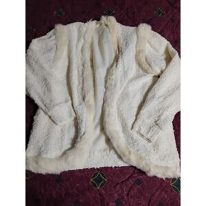 Vintage Elegant Women Cardigan Jacket 1960s Long Sleeve Real Fur Trim Large